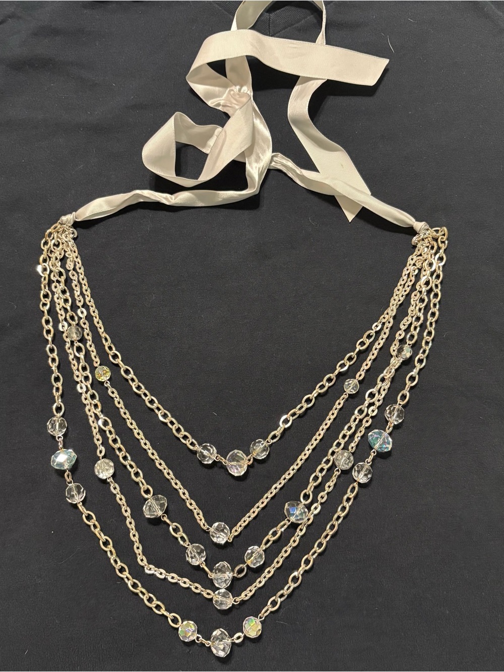 5 Strand Statement Necklace Earrings Clear AB Beads Silver Tone Ribbon Tie